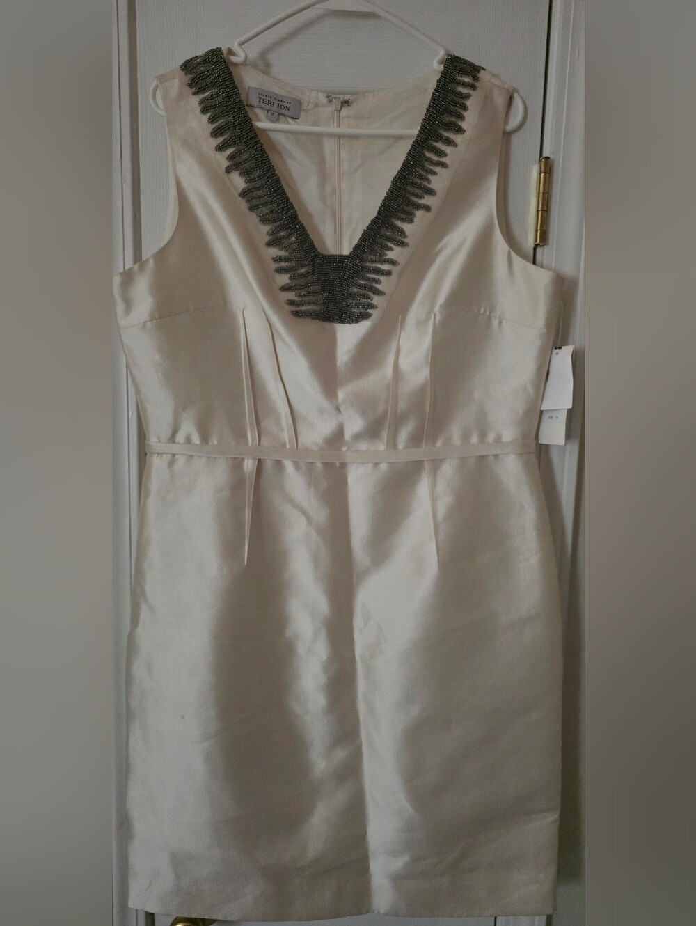 Cream Satin V-Neck Embellished Cocktail Dress